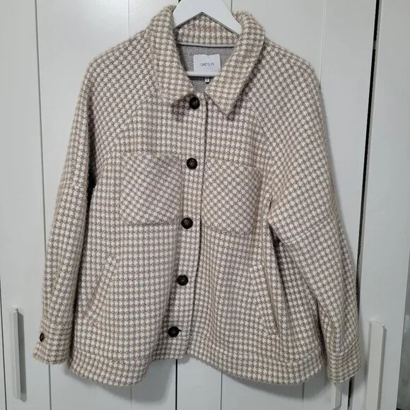 Anthropologie Greylin Houndstooth Shirt Fuzzy Beige White Jacket Blazer - Picture 5 of 9